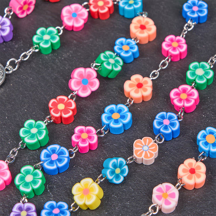 Christianartworkshop St. Benedict Medal & Crucifix of 8 mm Flower Multicolor Polymer Clay Alloy Chain Rosary - image 8