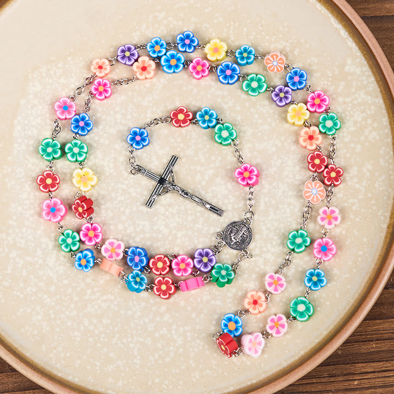 Christianartworkshop St. Benedict Medal & Crucifix of 8 mm Flower Multicolor Polymer Clay Alloy Chain Rosary - image 4