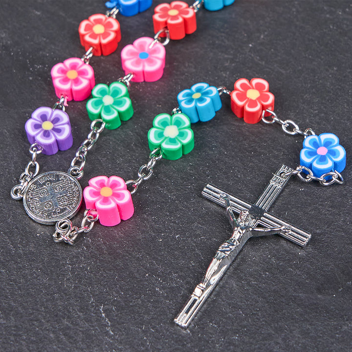 Christianartworkshop St. Benedict Medal & Crucifix of 8 mm Flower Multicolor Polymer Clay Alloy Chain Rosary - image 9