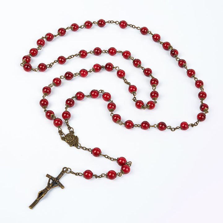 Christianartworkshop Rose & Crucifix of 8 mm Round Red Natural Stone Alloy Chain Rosary - image 5