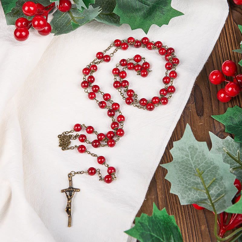 Christianartworkshop Rose & Crucifix of 8 mm Round Red Natural Stone Alloy Chain Rosary - image 2