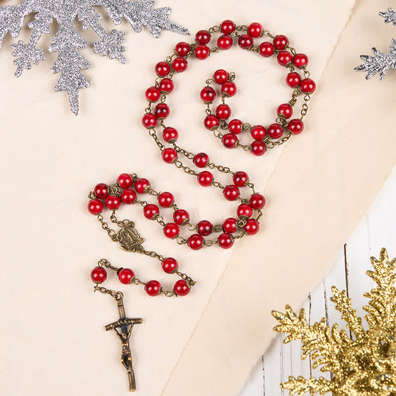 Christianartworkshop Rose & Crucifix of 8 mm Round Red Natural Stone Alloy Chain Rosary - image 3