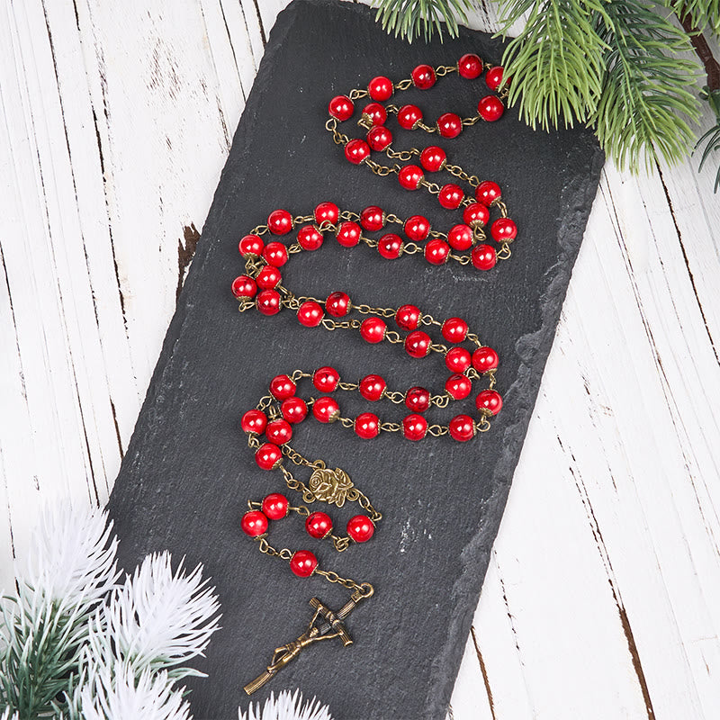 Christianartworkshop Rose & Crucifix of 8 mm Round Red Natural Stone Alloy Chain Rosary - Red - image 1