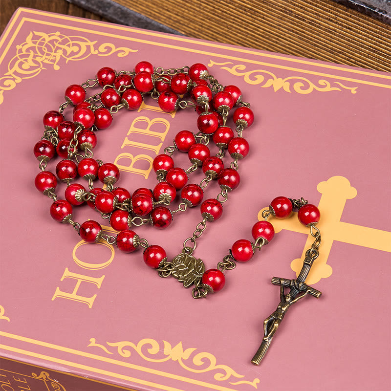 Christianartworkshop Rose & Crucifix of 8 mm Round Red Natural Stone Alloy Chain Rosary - image 4