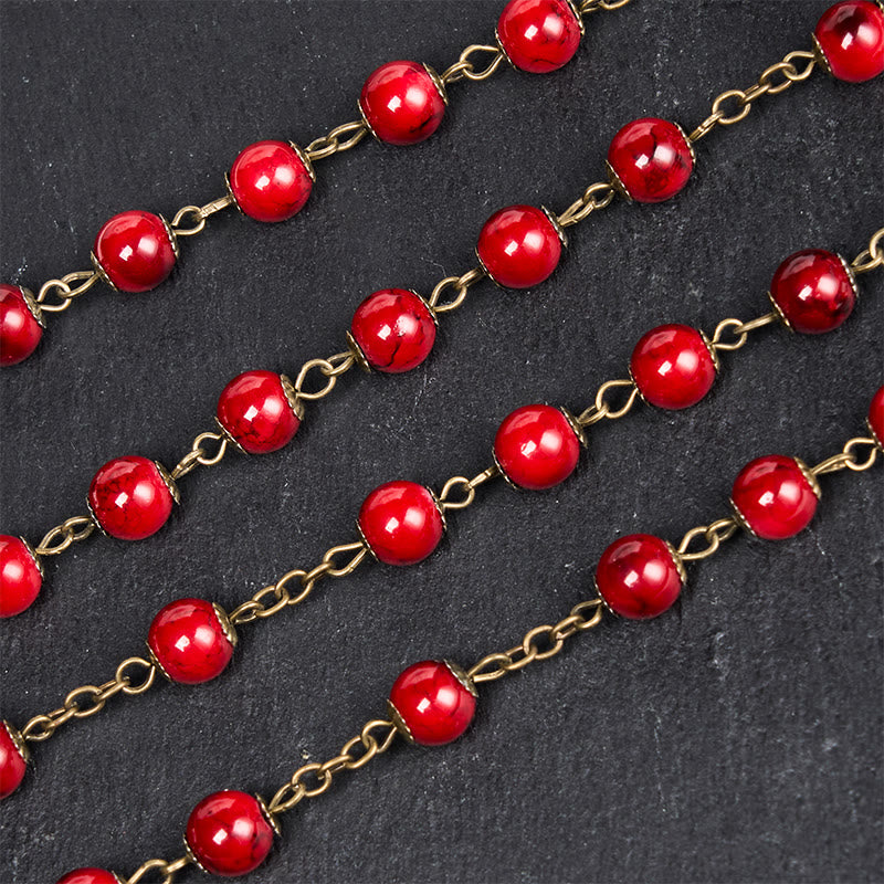 Christianartworkshop Rose & Crucifix of 8 mm Round Red Natural Stone Alloy Chain Rosary - image 6