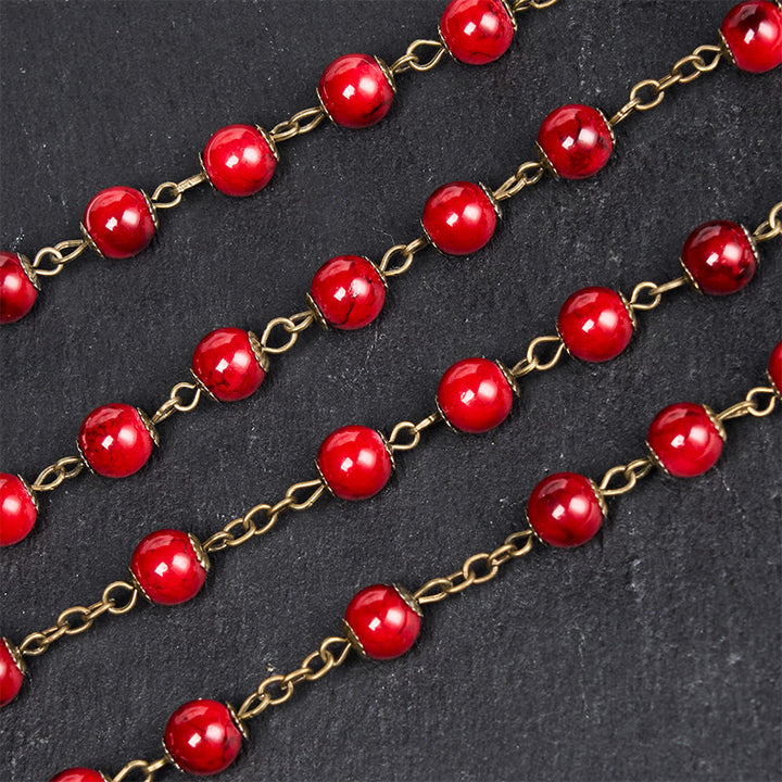Christianartworkshop Rose & Crucifix of 8 mm Round Red Natural Stone Alloy Chain Rosary - image 6