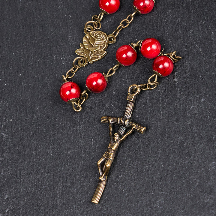 Christianartworkshop Rose & Crucifix of 8 mm Round Red Natural Stone Alloy Chain Rosary - image 7