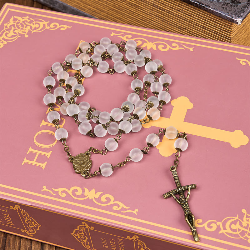 Christianartworkshop Rose & Crucifix of 8 mm Round Clear Glass Alloy Chain Rosary - image 4