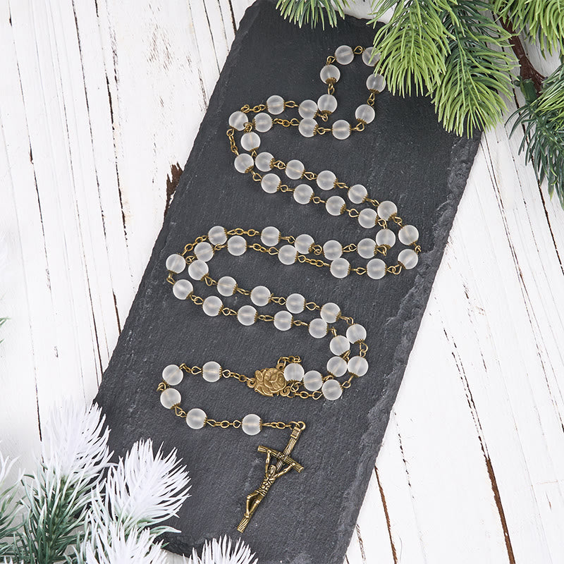 Christianartworkshop Rose & Crucifix of 8 mm Round Clear Glass Alloy Chain Rosary - image 2