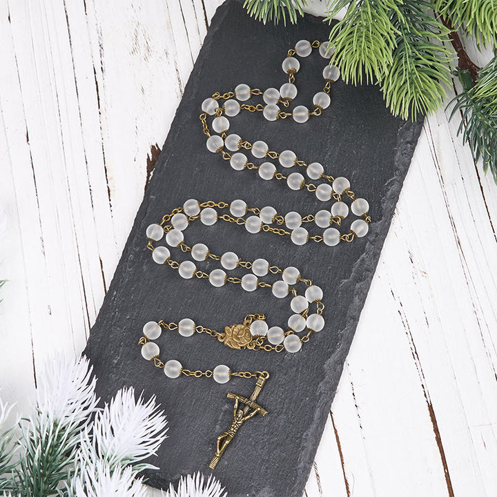 Christianartworkshop Rose & Crucifix of 8 mm Round Clear Glass Alloy Chain Rosary - image 2