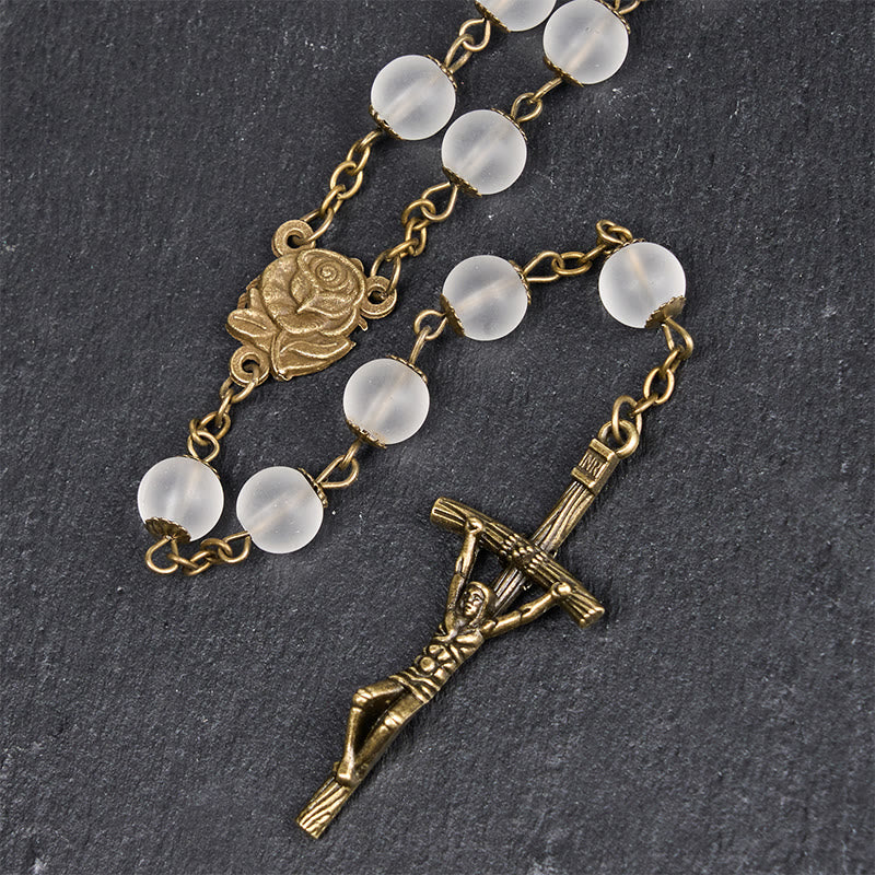 Christianartworkshop Rose & Crucifix of 8 mm Round Clear Glass Alloy Chain Rosary - image 6