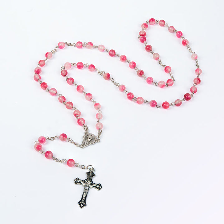 Christianartworkshop Virgin Mary & Crucifix of 8 mm Round Pink Agate Alloy Chain Rosary - image 5