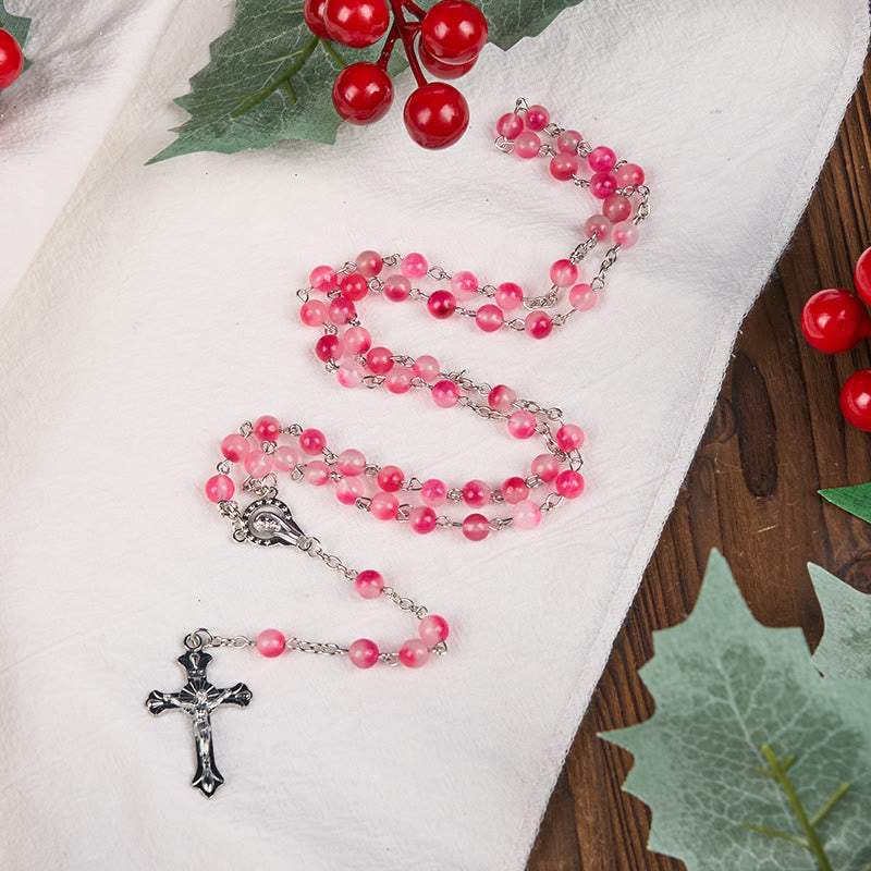 Christianartworkshop Virgin Mary & Crucifix of 8 mm Round Pink Agate Alloy Chain Rosary - image 2