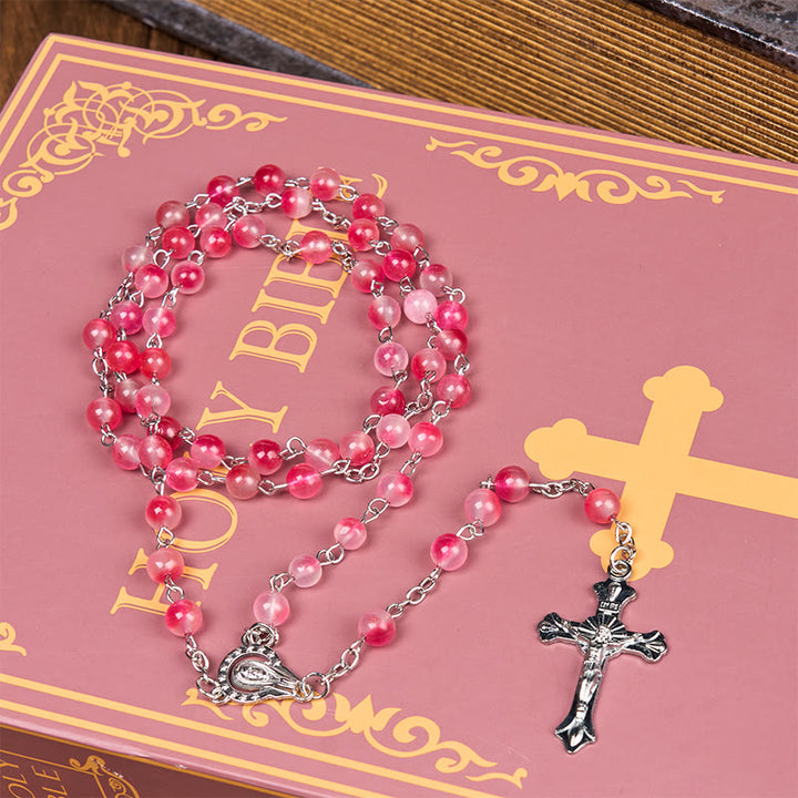 Christianartworkshop Virgin Mary & Crucifix of 8 mm Round Pink Agate Alloy Chain Rosary - image 4