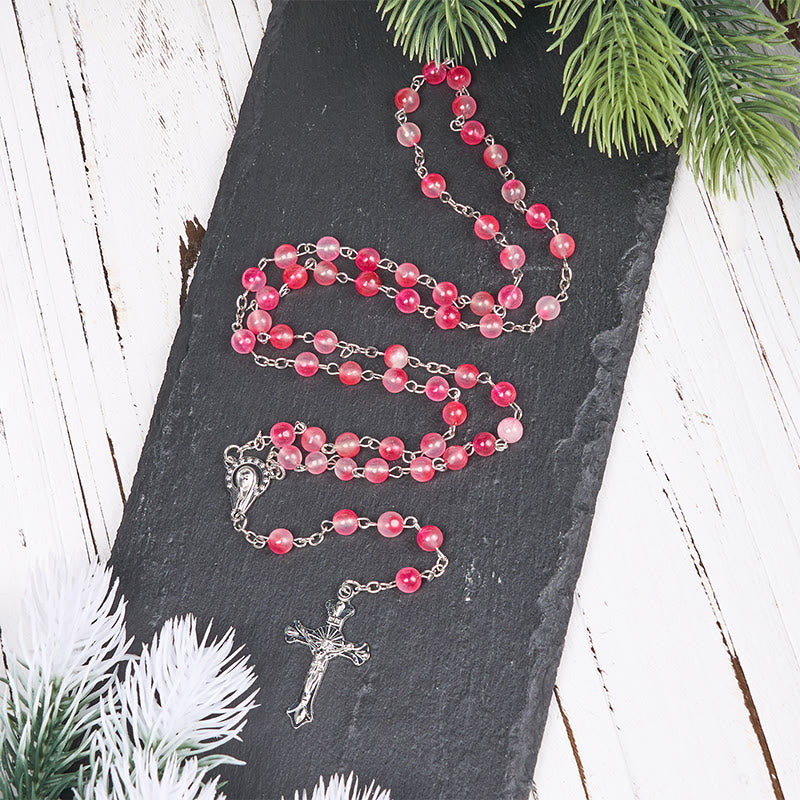 Christianartworkshop Virgin Mary & Crucifix of 8 mm Round Pink Agate Alloy Chain Rosary - image 3