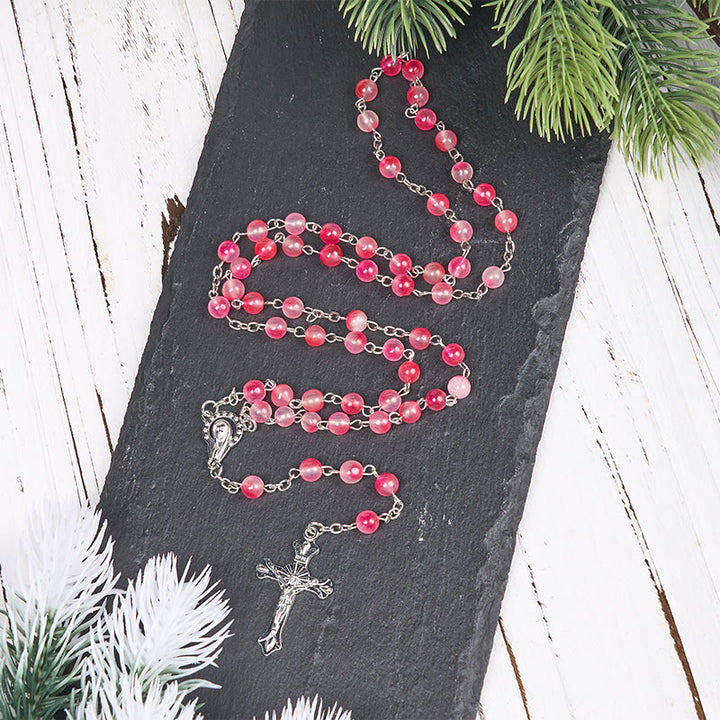 Christianartworkshop Virgin Mary & Crucifix of 8 mm Round Pink Agate Alloy Chain Rosary - image 3