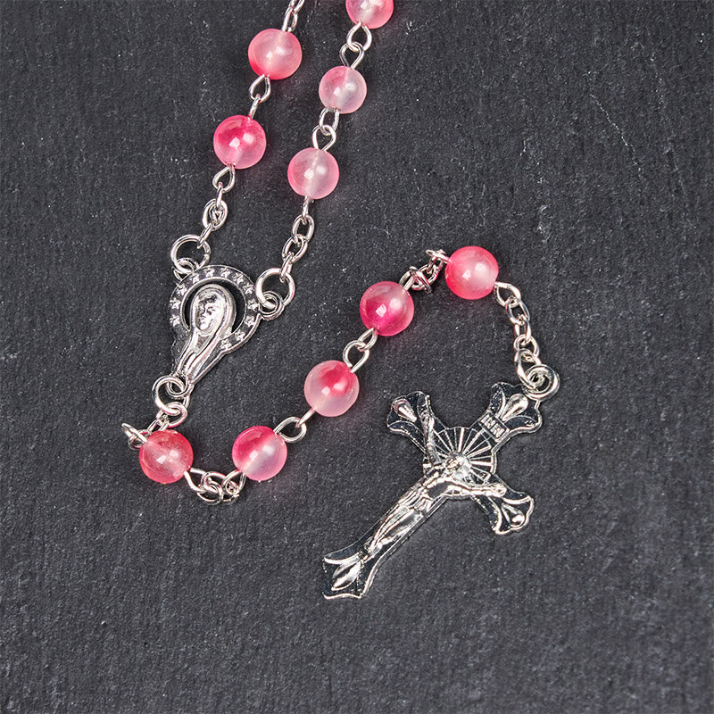 Christianartworkshop Virgin Mary & Crucifix of 8 mm Round Pink Agate Alloy Chain Rosary - image 7