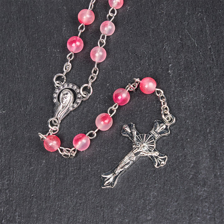 Christianartworkshop Virgin Mary & Crucifix of 8 mm Round Pink Agate Alloy Chain Rosary - image 7