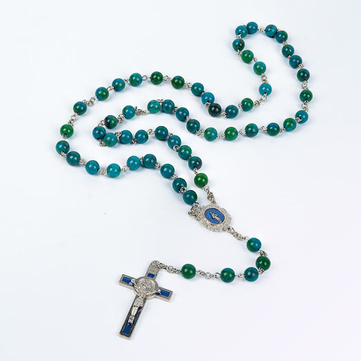 Christianartworkshop Miraculous Medal & Crucifix of 8 mm Round Green Blue Stone Alloy Chain Rosary - image 5