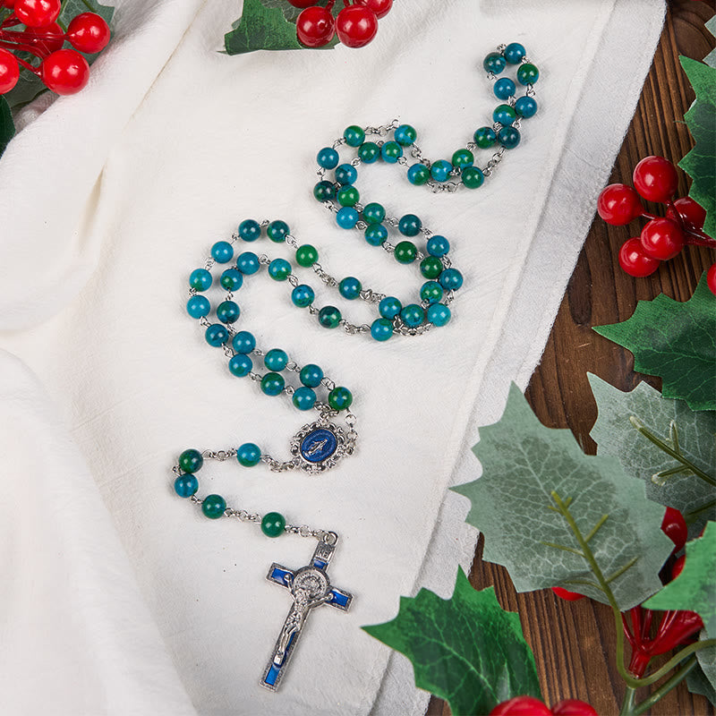 Christianartworkshop Miraculous Medal & Crucifix of 8 mm Round Green Blue Stone Alloy Chain Rosary - image 2