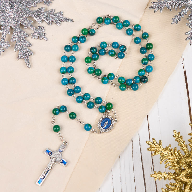 Christianartworkshop Miraculous Medal & Crucifix of 8 mm Round Green Blue Stone Alloy Chain Rosary - image 3