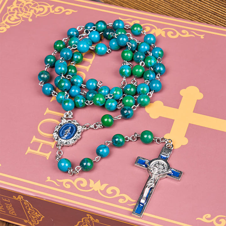 Christianartworkshop Miraculous Medal & Crucifix of 8 mm Round Green Blue Stone Alloy Chain Rosary - image 4