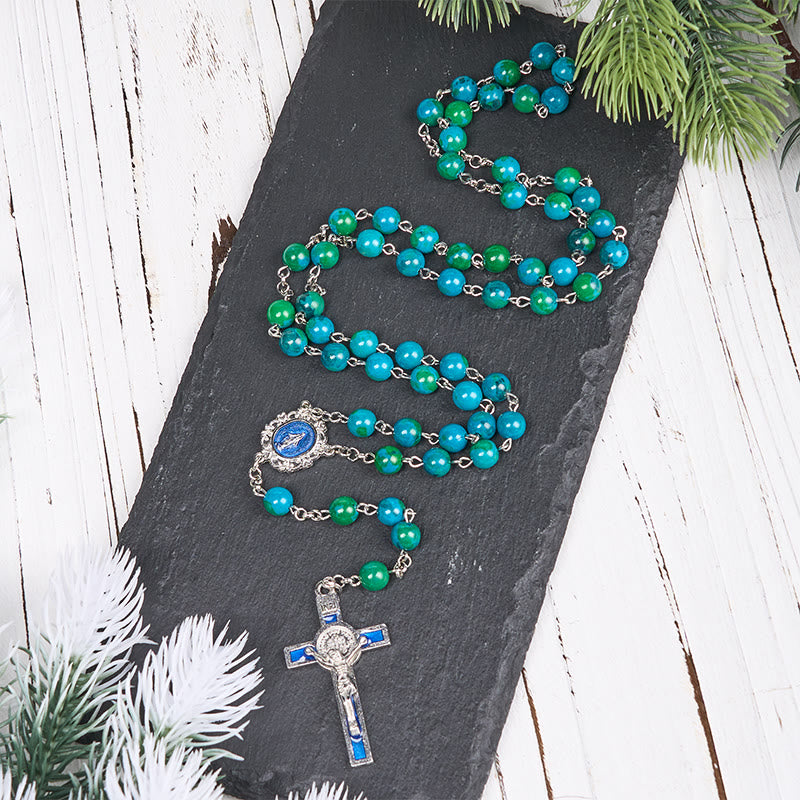 Christianartworkshop Miraculous Medal & Crucifix of 8 mm Round Green Blue Stone Alloy Chain Rosary - Miraculous Medal & Crucifix - image 1