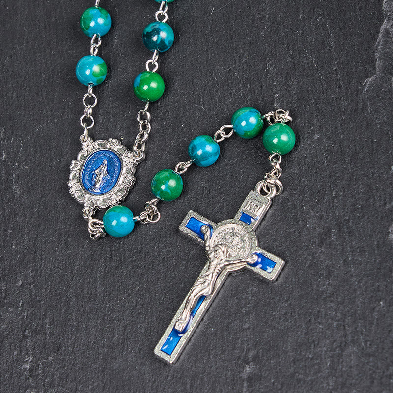 Christianartworkshop Miraculous Medal & Crucifix of 8 mm Round Green Blue Stone Alloy Chain Rosary - image 7
