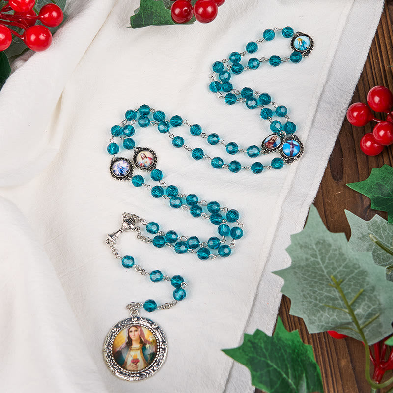 Christianartworkshop Sacred Heart of Jesus & Immaculate Heart of Mary of 8 mm Polyhedron Blue Glass Alloy Chain Rosary - Polyhedron - image 1