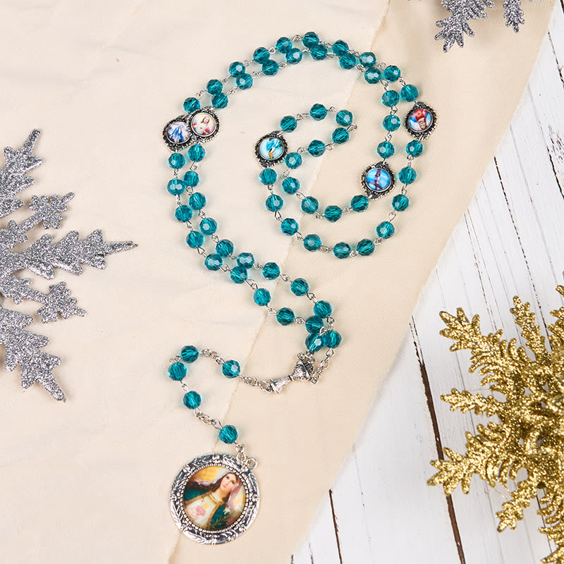 Christianartworkshop Sacred Heart of Jesus & Immaculate Heart of Mary of 8 mm Polyhedron Blue Glass Alloy Chain Rosary - image 2