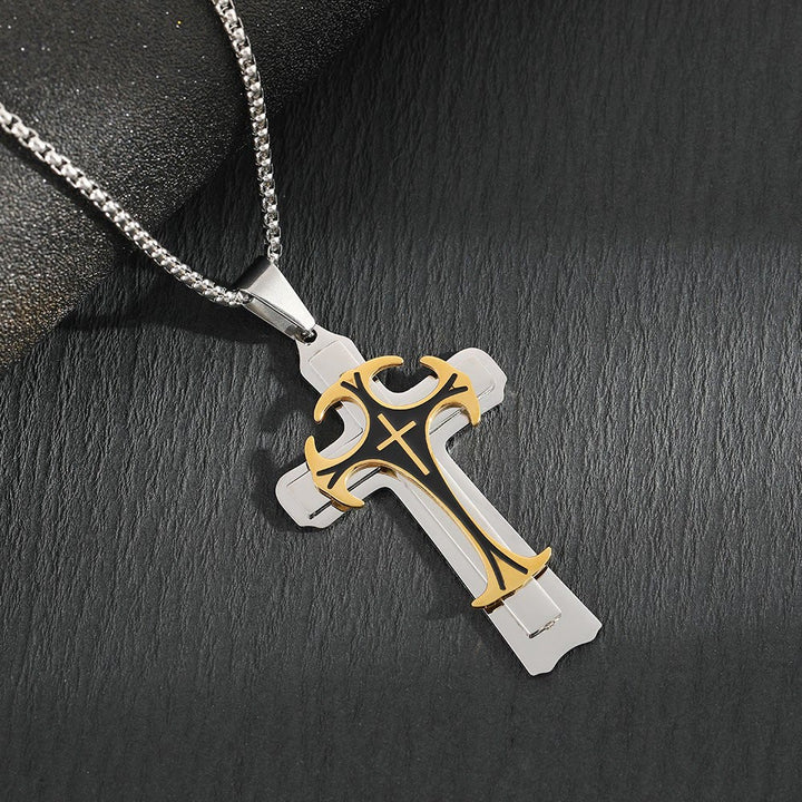 Christianartworkshop Modern Style Dual Layered Cross Pendant Necklace - Silver&Gold - image 4
