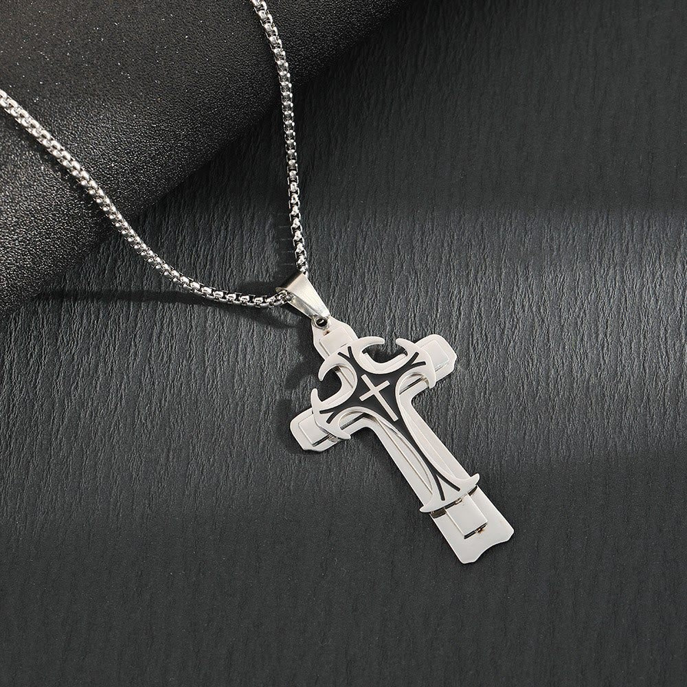 Christianartworkshop Modern Style Dual Layered Cross Pendant Necklace - Silver - image 3
