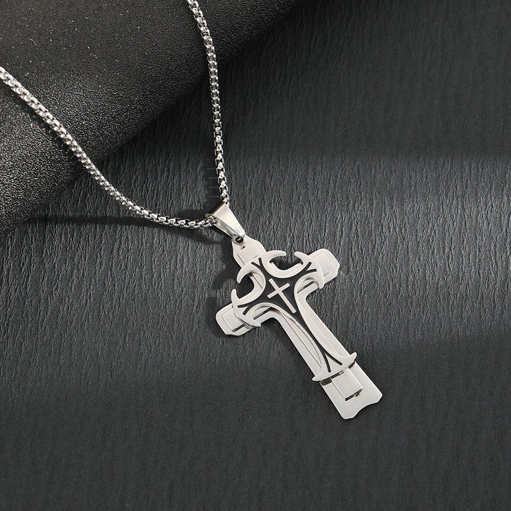 Christianartworkshop Modern Style Dual Layered Cross Pendant Necklace - Silver - image 3