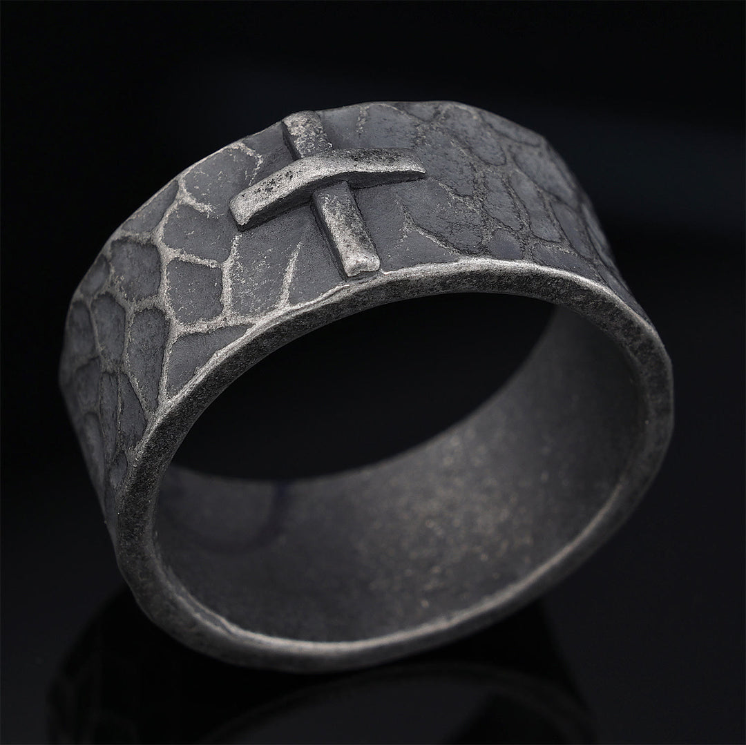 Christianartworkshop Vintage Style Ancient Texture Forged Stone Cross Ring - US15 - image 1