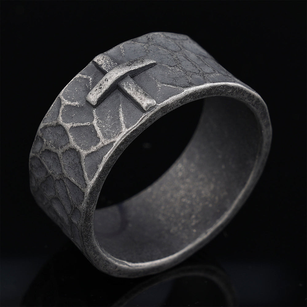 Christianartworkshop Vintage Style Ancient Texture Forged Stone Cross Ring - image 2