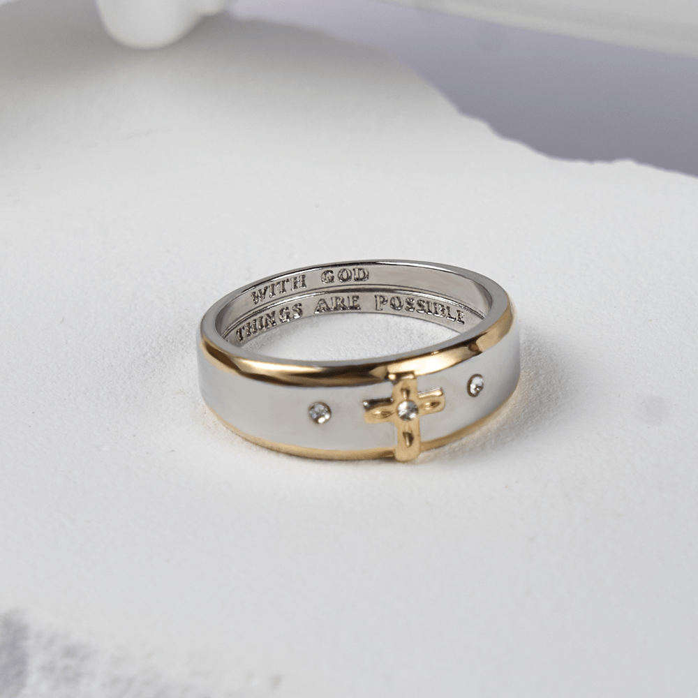 Christianartworkshop Modern Style Two-tone Gold Cross Alloy Ring(Made in Holy Land) - image 2
