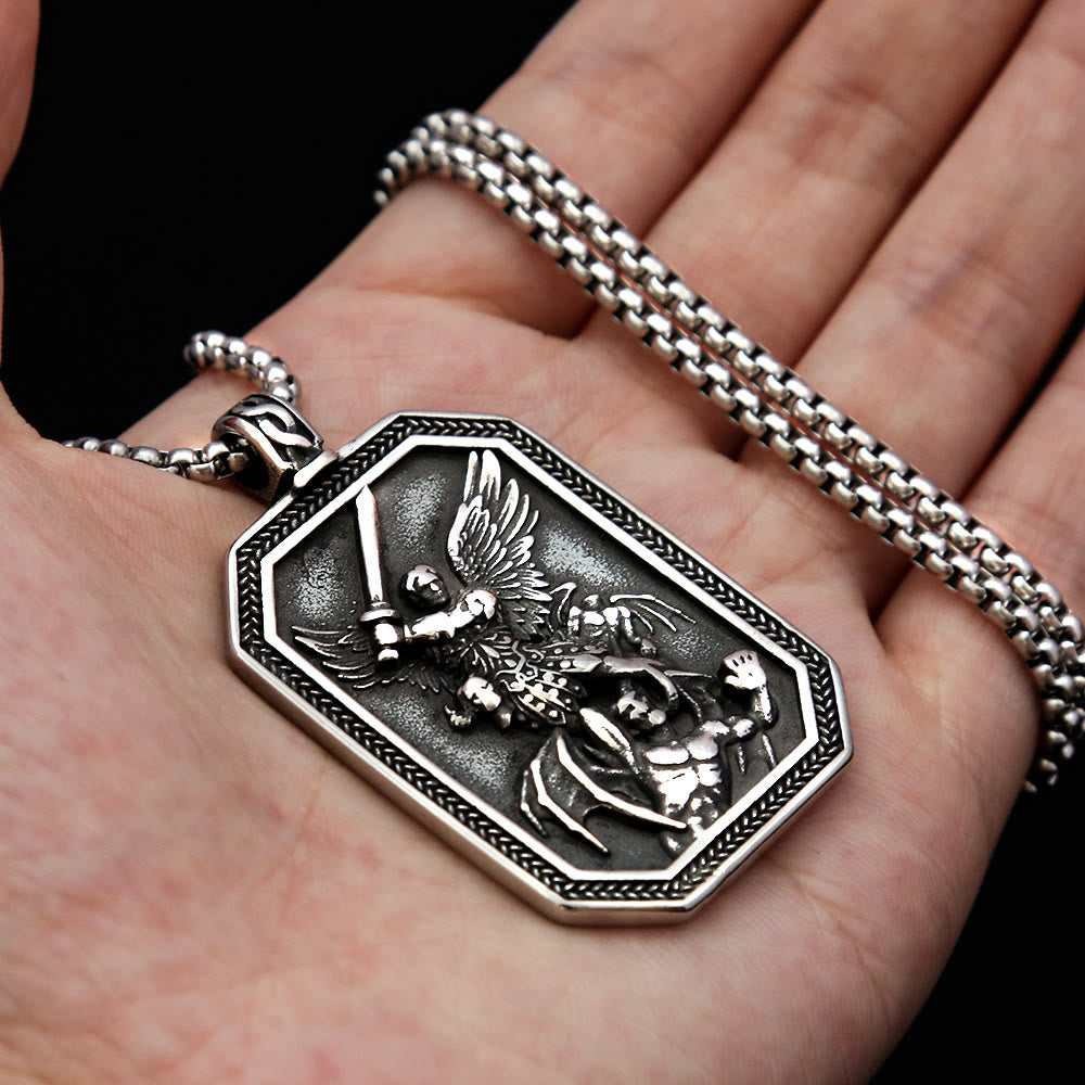 Christianartworkshop Retro Style Archangel St. Micheal Protect Us Crafted Stainless Steel Pendant Necklace - image 4