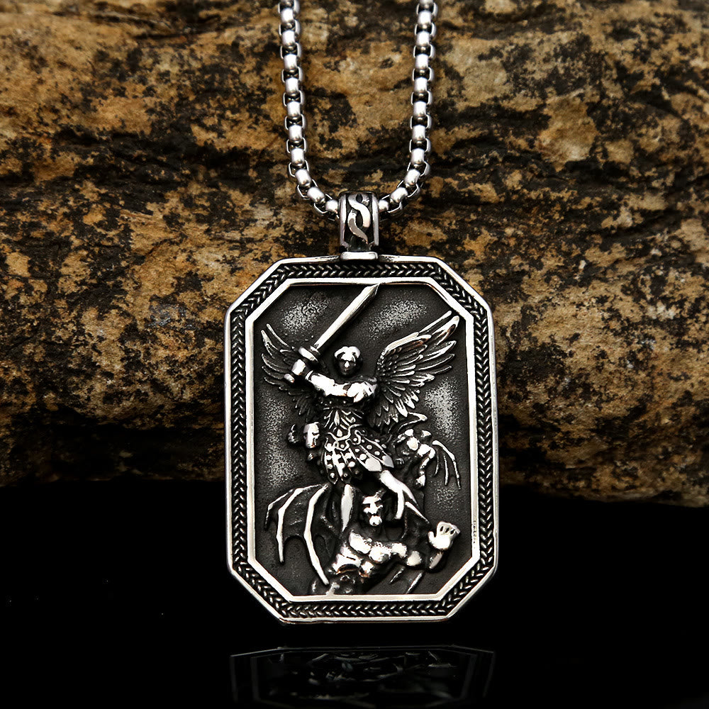 Christianartworkshop Retro Style Archangel St. Micheal Protect Us Crafted Stainless Steel Pendant Necklace - image 2
