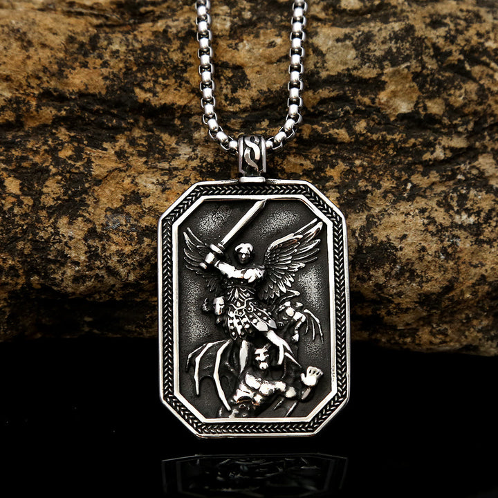 Christianartworkshop Retro Style Archangel St. Micheal Protect Us Crafted Stainless Steel Pendant Necklace - image 2