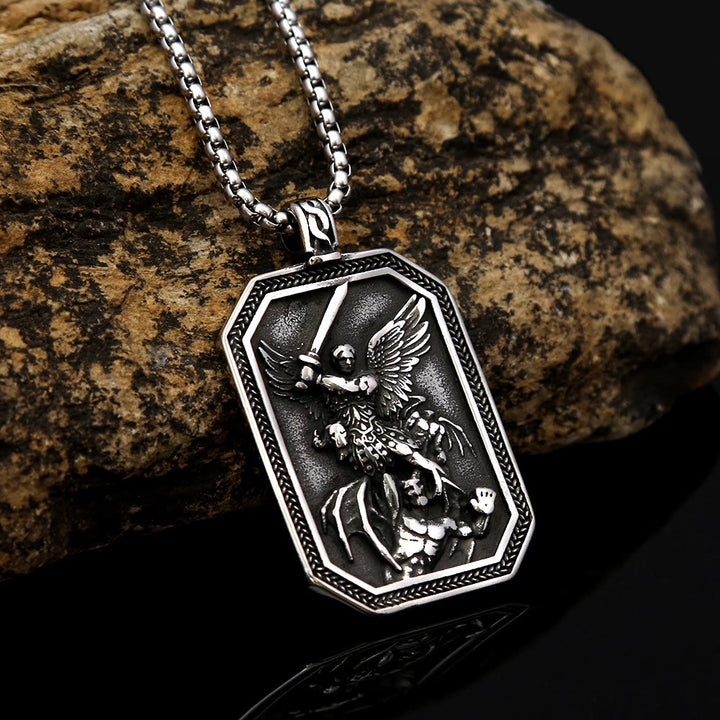 Christianartworkshop Retro Style Archangel St. Micheal Protect Us Crafted Stainless Steel Pendant Necklace - Archangel St. Michael - image 1