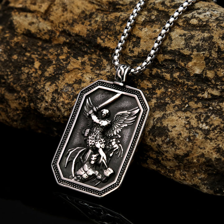 Christianartworkshop Retro Style Archangel St. Micheal Protect Us Crafted Stainless Steel Pendant Necklace - image 5