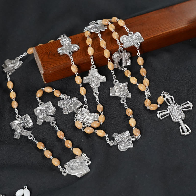 Christianartworkshop Via Crucis 14 Stations of the Cross Oval Mother of Pearl/Olive Wood Alloy Chain Rosary - Olive Wood - Without Centerpiece - image 2