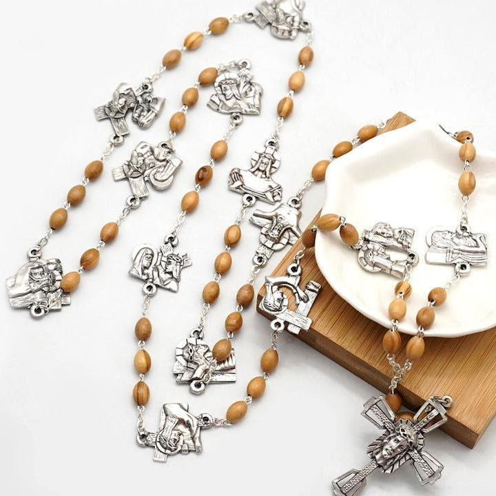 Christianartworkshop Via Crucis 14 Stations of the Cross Oval Mother of Pearl/Olive Wood Alloy Chain Rosary - image 4