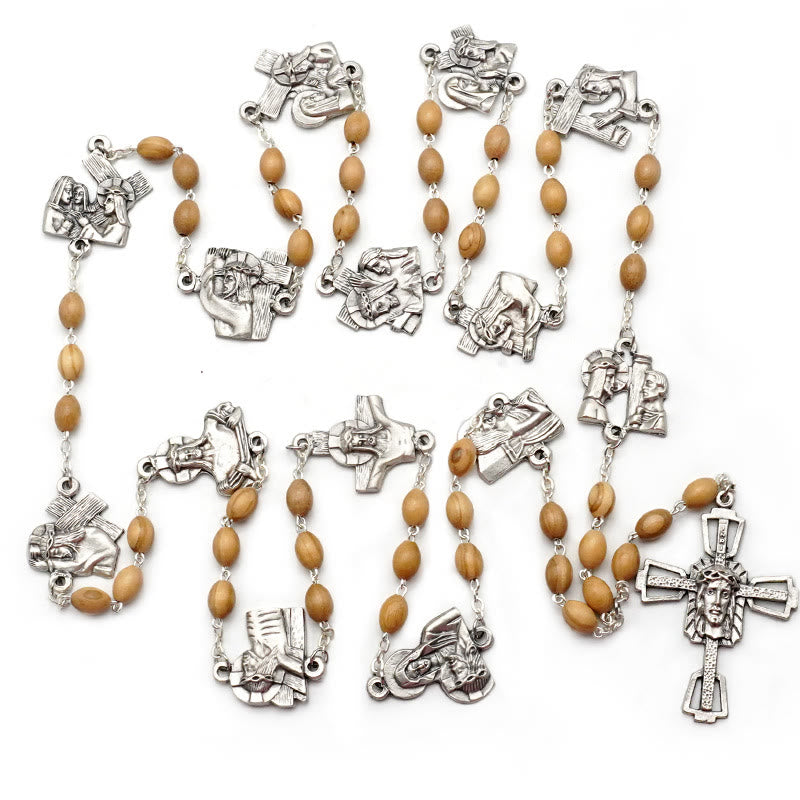 Christianartworkshop Via Crucis 14 Stations of the Cross Oval Mother of Pearl/Olive Wood Alloy Chain Rosary - image 9