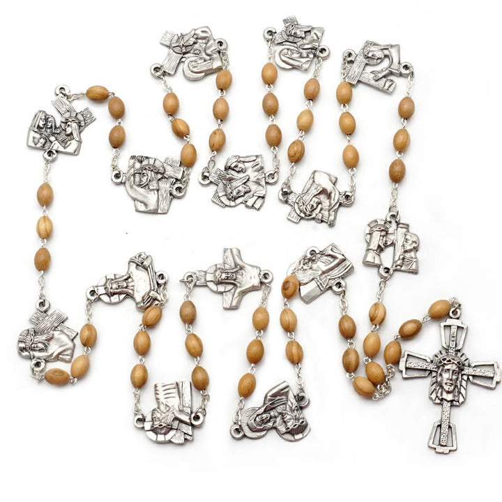 Christianartworkshop Via Crucis 14 Stations of the Cross Oval Mother of Pearl/Olive Wood Alloy Chain Rosary - image 9