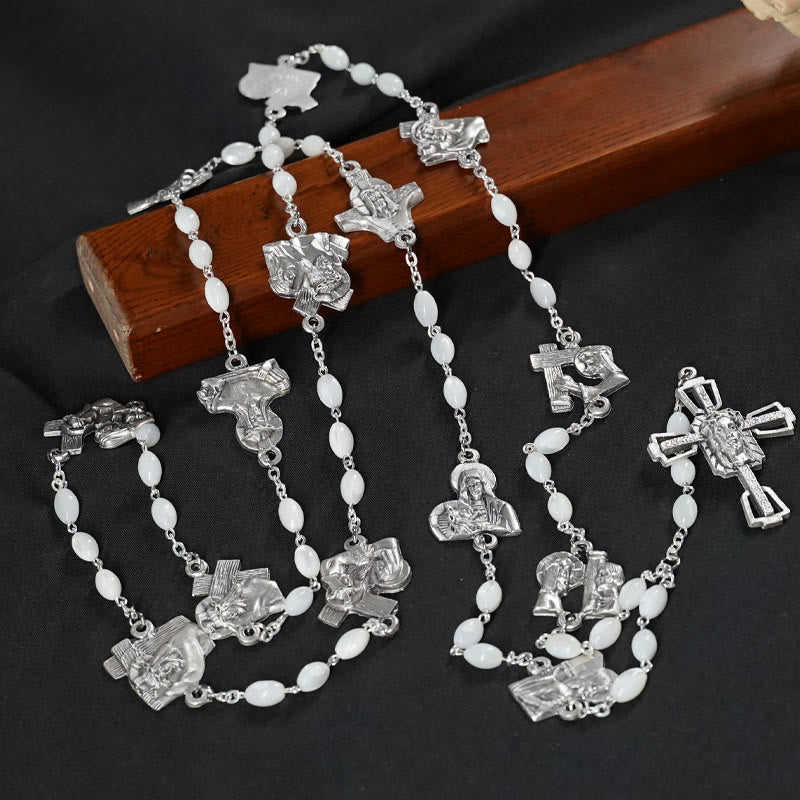 Christianartworkshop Via Crucis 14 Stations of the Cross Oval Mother of Pearl/Olive Wood Alloy Chain Rosary - Mother of Pearl - Without Centerpiece - image 1