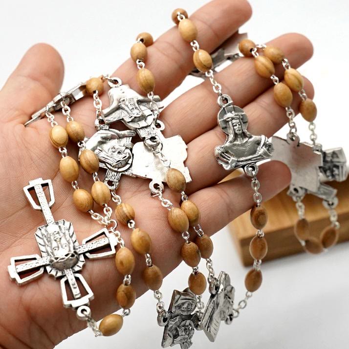 Christianartworkshop Via Crucis 14 Stations of the Cross Oval Mother of Pearl/Olive Wood Alloy Chain Rosary - image 6