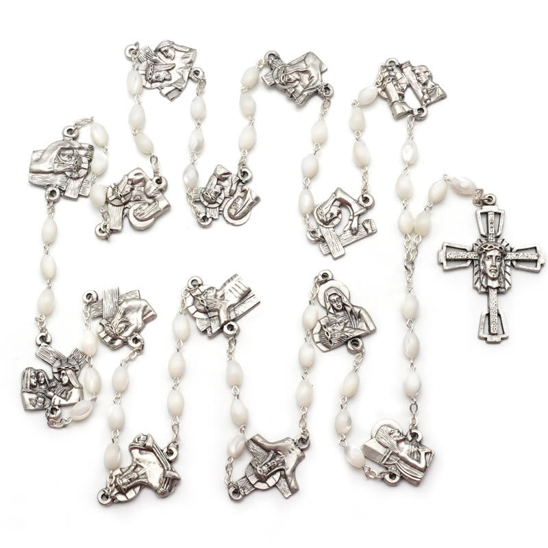 Christianartworkshop Via Crucis 14 Stations of the Cross Oval Mother of Pearl/Olive Wood Alloy Chain Rosary - image 8