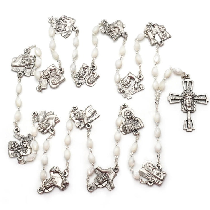 Christianartworkshop Via Crucis 14 Stations of the Cross Oval Mother of Pearl/Olive Wood Alloy Chain Rosary - image 8