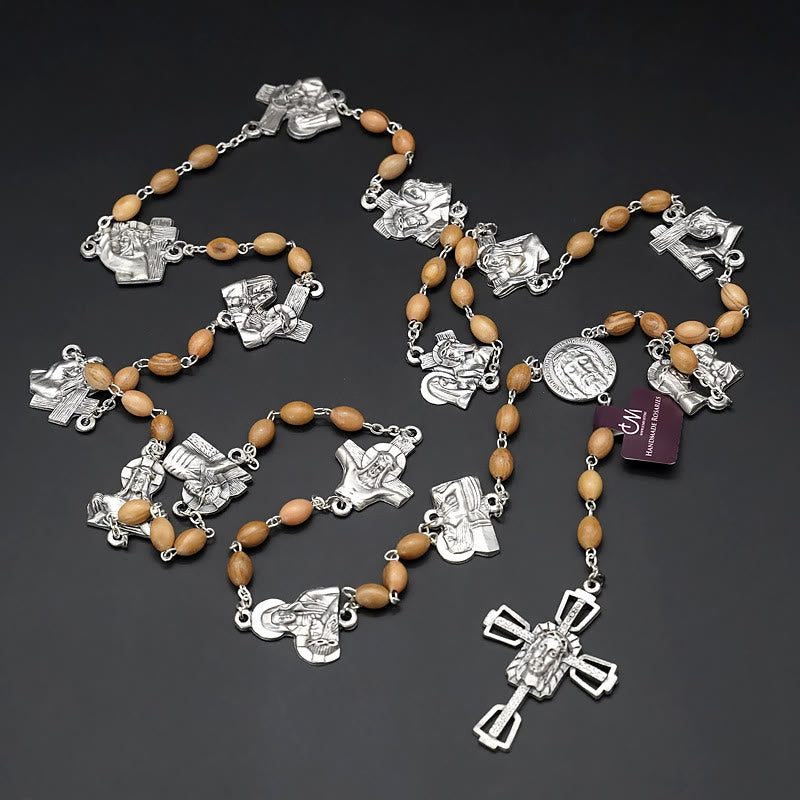 Christianartworkshop Via Crucis 14 Stations of the Cross Oval Mother of Pearl/Olive Wood Alloy Chain Rosary - Olive Wood - With Centerpiece - image 10